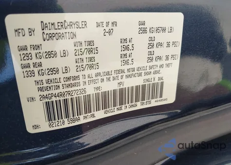 2007 Chrysler Town & Country Lx from USA, damaged, VIN 2A4GP44R07R272326